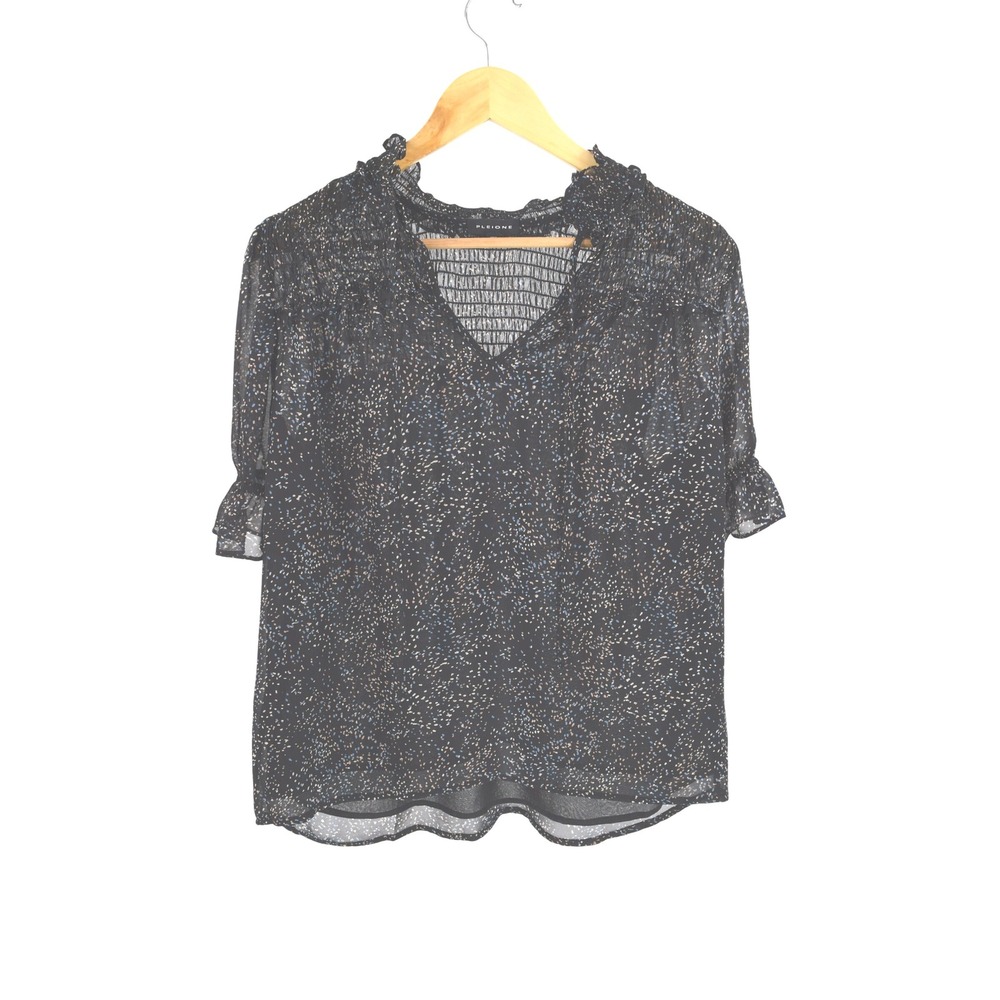 Pleione Black Sheer Blouse Top Ruffle Smocked Neck‎ Flutter Sleeve S